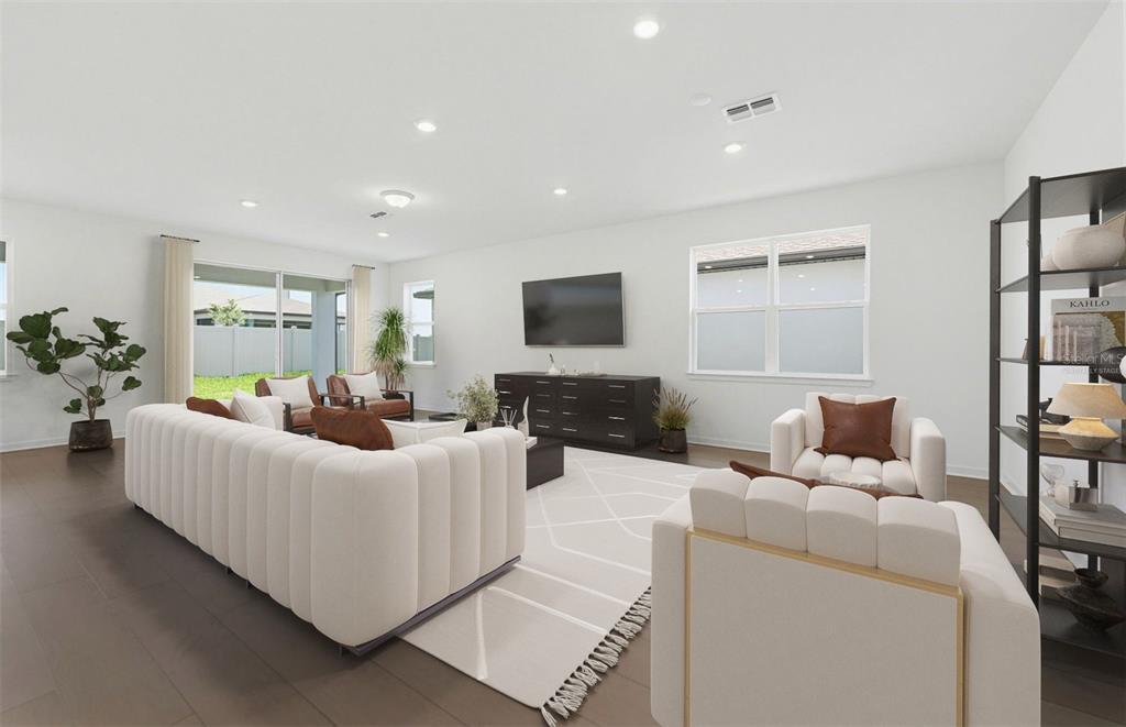 This is a digital rendering of a modern living room with white furniture and flooring — 33425 HERDS HALLOW WAY, WESLEY CHAPEL, FL