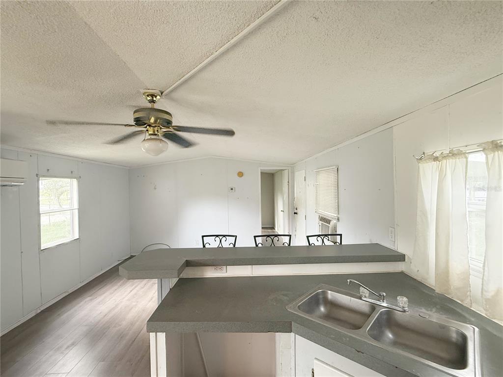 A kitchen with a gray countertop and double sink overlooks an adjacent living area — 11184 SW 108TH STREET, DUNNELLON, FL