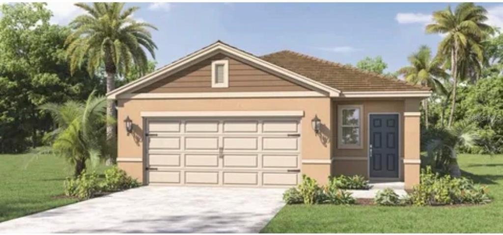 A rendering of a single-story suburban house with a tan stucco exterior and two-car garage — 2439 VIOLET SHELTON COURT, SANFORD, FL