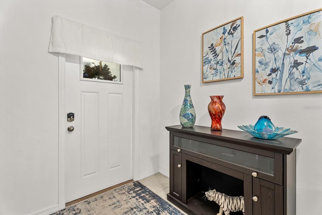 An entryway features a white door, a dark wood console table, and wall art — 10426 SHADY PRESERVE DRIVE, RIVERVIEW, FL