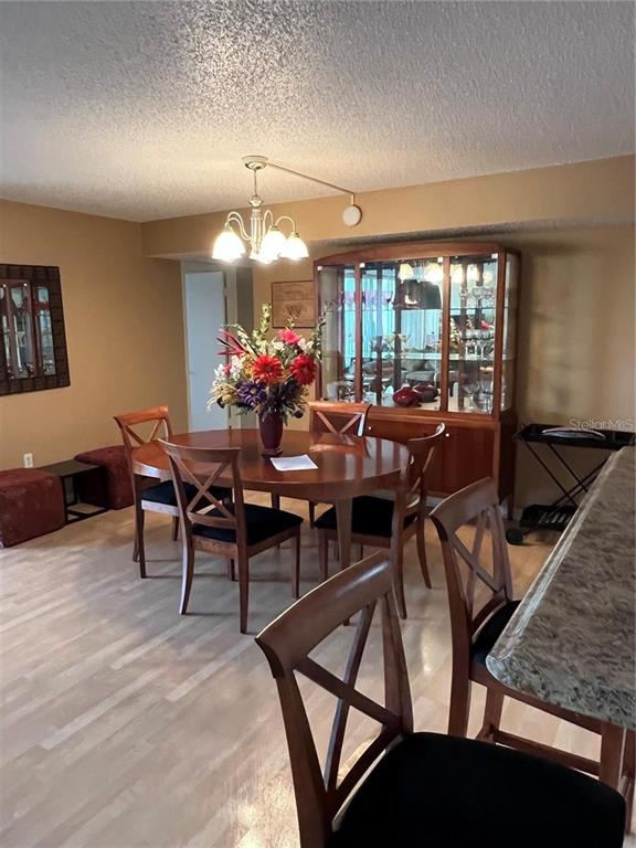 A dining room features a wooden table and chairs, a china cabinet, and a chandelier — 400 ISLAND WAY UNIT 309, CLEARWATER BEACH, FL
