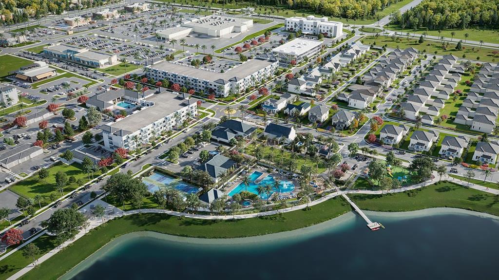 This aerial rendering shows a residential community with apartment buildings, houses, and a swimming pool — 7804 LAKE FLORES AVENUE, BRADENTON, FL