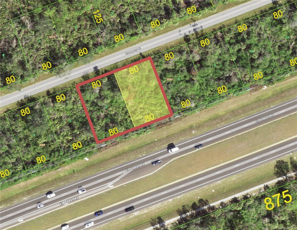 This is a satellite map showing two adjacent rectangular land parcels outlined in red — 2318 GRAMERCY STREET, PORT CHARLOTTE, FL