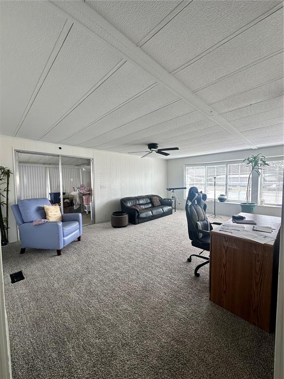 A spacious room with gray carpet, white paneled walls, a ceiling fan, and office furniture — 6433 JACARANDA AVENUE NE, WINTER HAVEN, FL