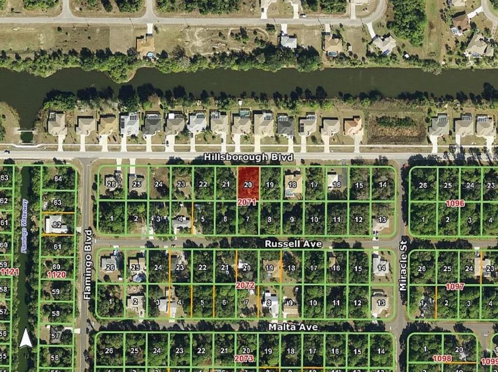 This is a satellite map showing residential lots and streets in a suburban neighborhood — 17081 HILLSBOROUGH BOULEVARD, PORT CHARLOTTE, FL