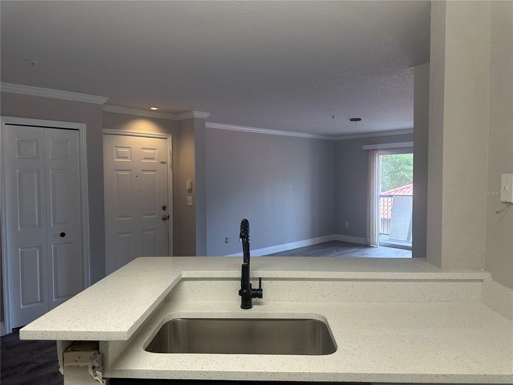 A kitchen sink with a black faucet overlooks an open living area with a balcony — 4209 WOODSTORKS WALK WAY UNIT 1205, LUTZ, FL
