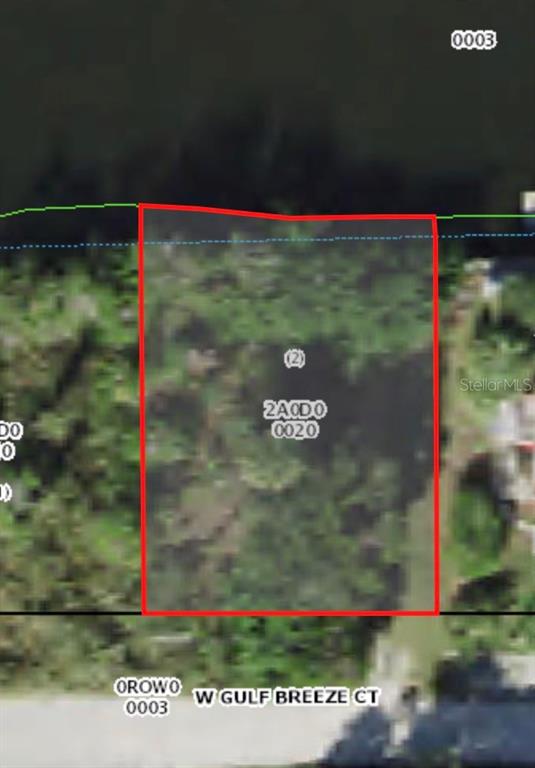 This is an aerial map showing a rectangular plot of land on W Gulf Breeze Ct — 12097 W GULF BREEZE COURT, CRYSTAL RIVER, FL