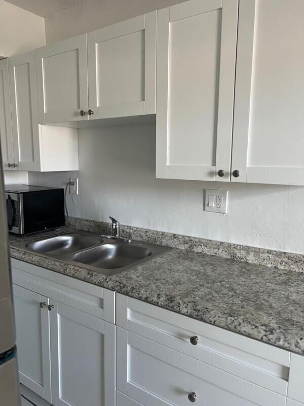 A kitchen features white shaker-style cabinets, a granite-look countertop, and a double-basin stainless steel sink — COCONUT CREEK, FL