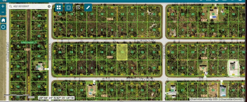This is a satellite map showing a highlighted vacant residential lot within a platted subdivision — 12093 CONROY AVENUE, PORT CHARLOTTE, FL