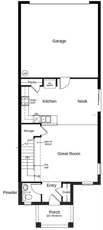 This is a floor plan of a home's main level featuring a garage and porch — 9620 WESTSIDE HILLS DRIVE, DAVENPORT, FL