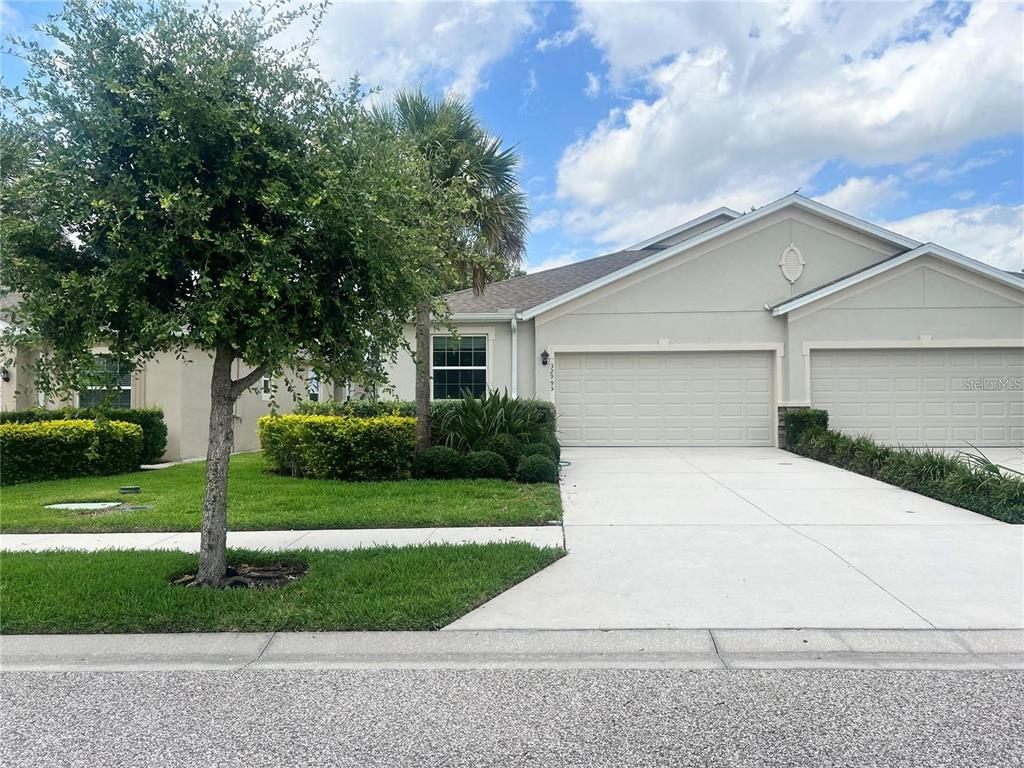 A beige single-story house with a two-car garage, a concrete driveway, and landscaped front yard — 32995 WINDELSTRAW DRIVE, WESLEY CHAPEL, FL