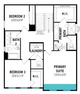 This is a floor plan of a residential second story featuring three bedrooms and two bathrooms — 105 GREENHOUSE GROVE STREET, GROVELAND, FL