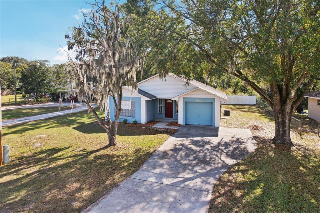 A single-story house with blue siding, a white garage door, and a concrete driveway — 3501 W REYNOLDS STREET, PLANT CITY, FL