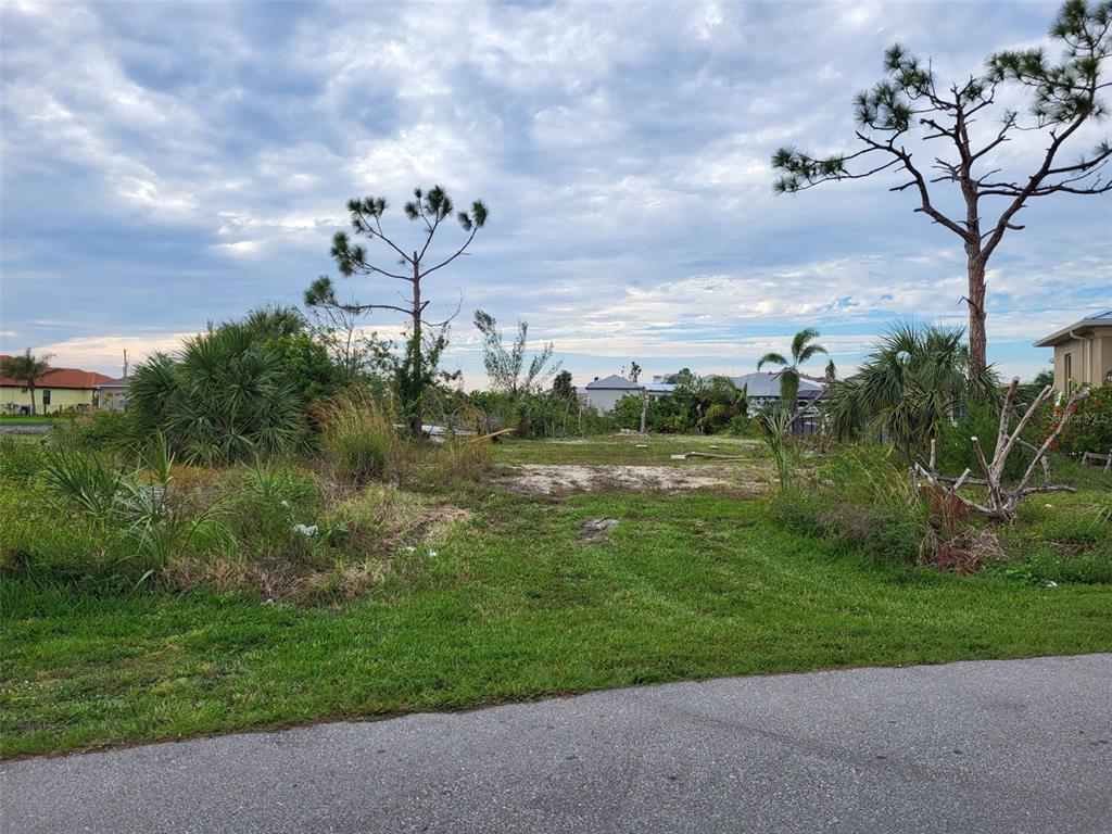 A vacant, grassy residential lot with scattered trees and shrubs under a cloudy sky — 10610 RIVERSIDE ROAD, PORT CHARLOTTE, FL
