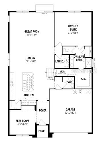 This is a floor plan for a single-story home featuring a garage, kitchen, and owner's suite — 213 LONG WAVE WAY, GROVELAND, FL