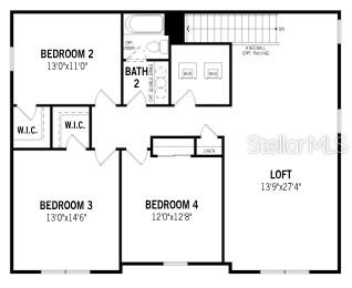 This floor plan shows the upper level of a home featuring three bedrooms, a loft, and a bathroom — 213 LONG WAVE WAY, GROVELAND, FL