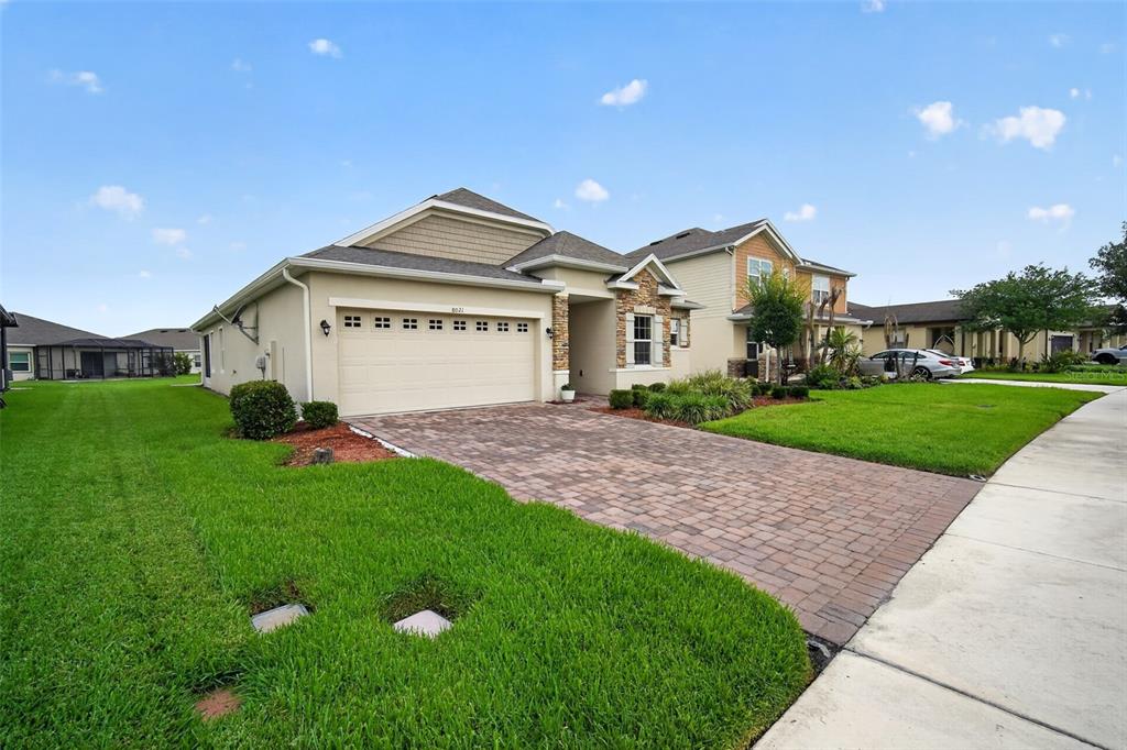 A single-story suburban house with a beige exterior, stone accents, and a paved driveway — 8021 OLIVE BROOK DRIVE, WESLEY CHAPEL, FL