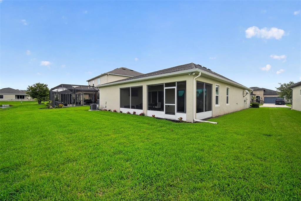 The exterior of a house with a screened-in back porch and a large grassy yard — 8021 OLIVE BROOK DRIVE, WESLEY CHAPEL, FL