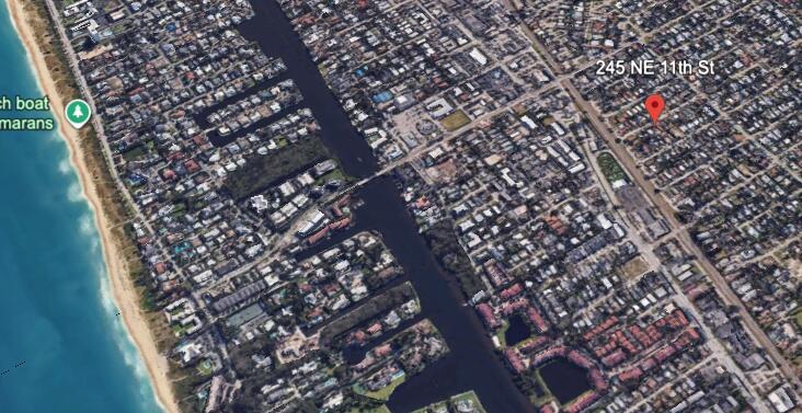 This is an aerial map view of a residential neighborhood near a beach and canal — 245 NE 11th Street, Delray Beach FL 33483, DELRAY BEACH, FL