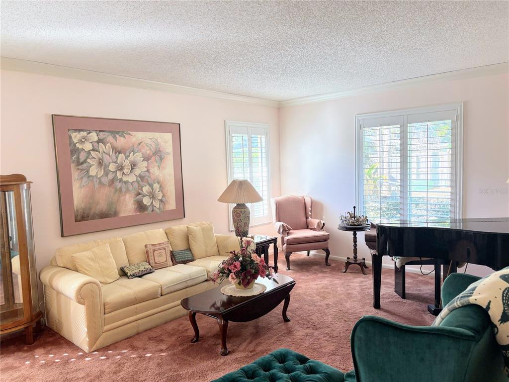 A living room features a beige sofa, a grand piano, and pink wall-to-wall carpeting — 30 SABLE COURT, WINTER SPRINGS, FL