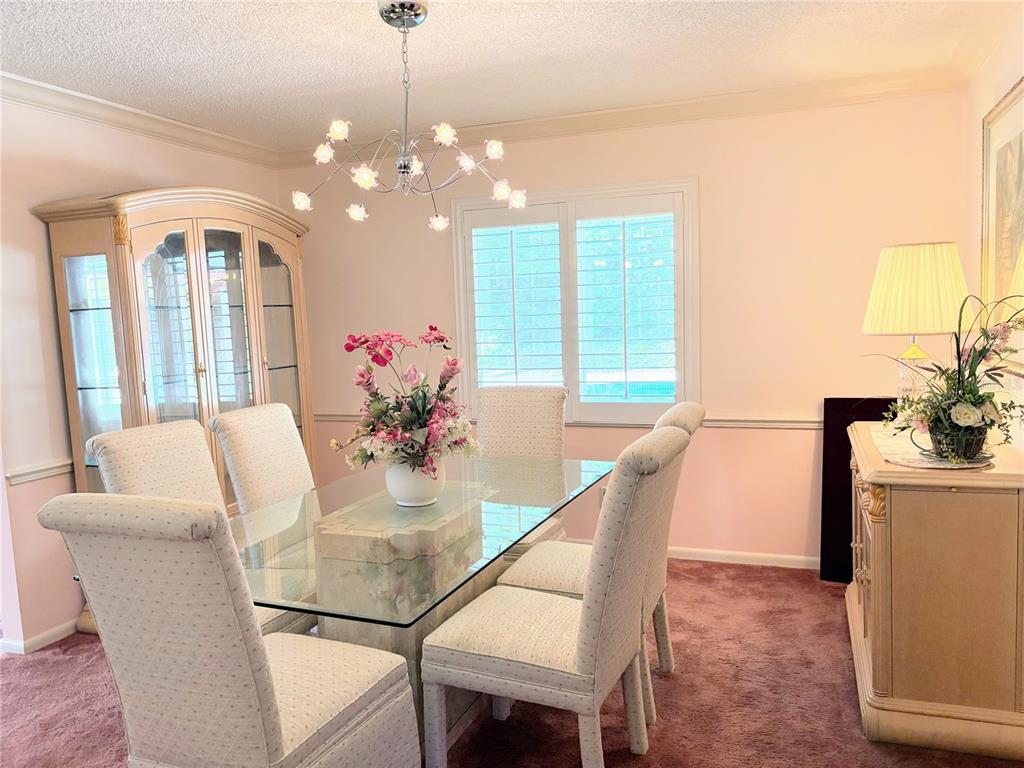 A dining room features a glass-topped table, upholstered chairs, a china cabinet, and pink carpet — 30 SABLE COURT, WINTER SPRINGS, FL