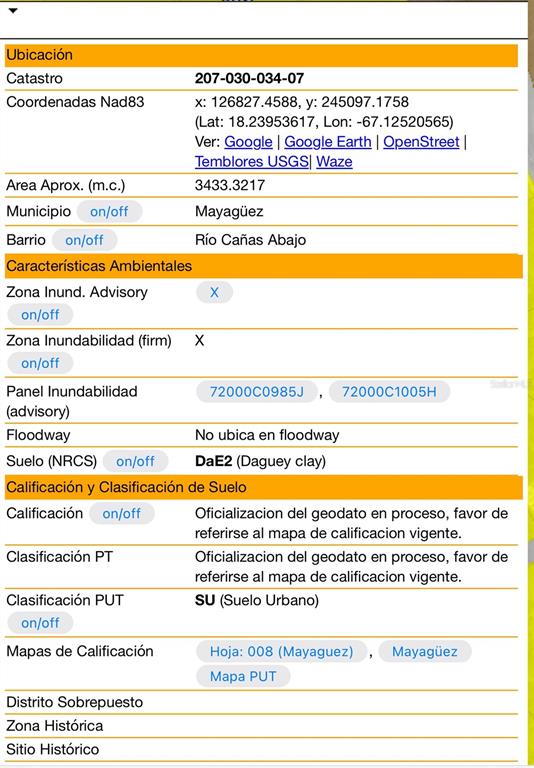 This image is a property information data sheet displaying location, environmental, and zoning details — CALLE PITIRRE Lot 47, MAYAGUEZ, PR
