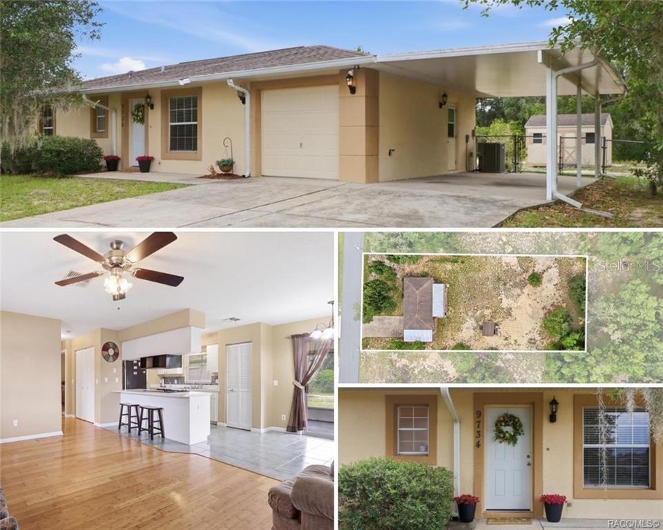 A collage showing a house exterior, a living room with wood floors, and an aerial view — 9734 E GRANADA COURT, INVERNESS, FL