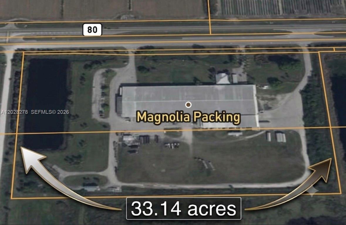 An aerial map view shows the Magnolia Packing facility on a 33.14-acre lot — 15877 E SR 80, Clewiston FL 33440, CLEWISTON, FL