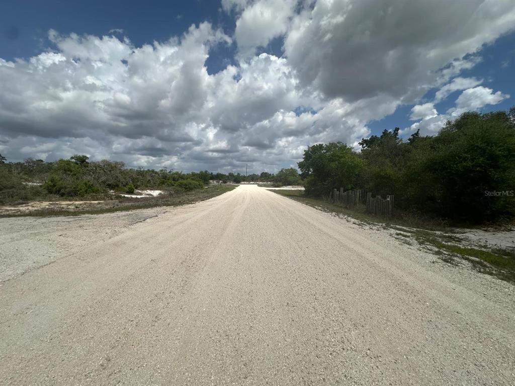 A wide, unpaved dirt road stretches through a rural, wooded area under a cloudy sky — 130 VAGABOND AVENUE, LAKE PLACID, FL