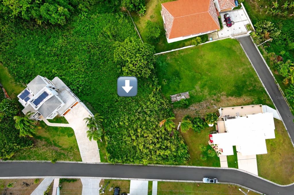 An aerial view shows a vacant lot situated between two houses and a paved road — ANTON RUIZ, HUMACAO, PR