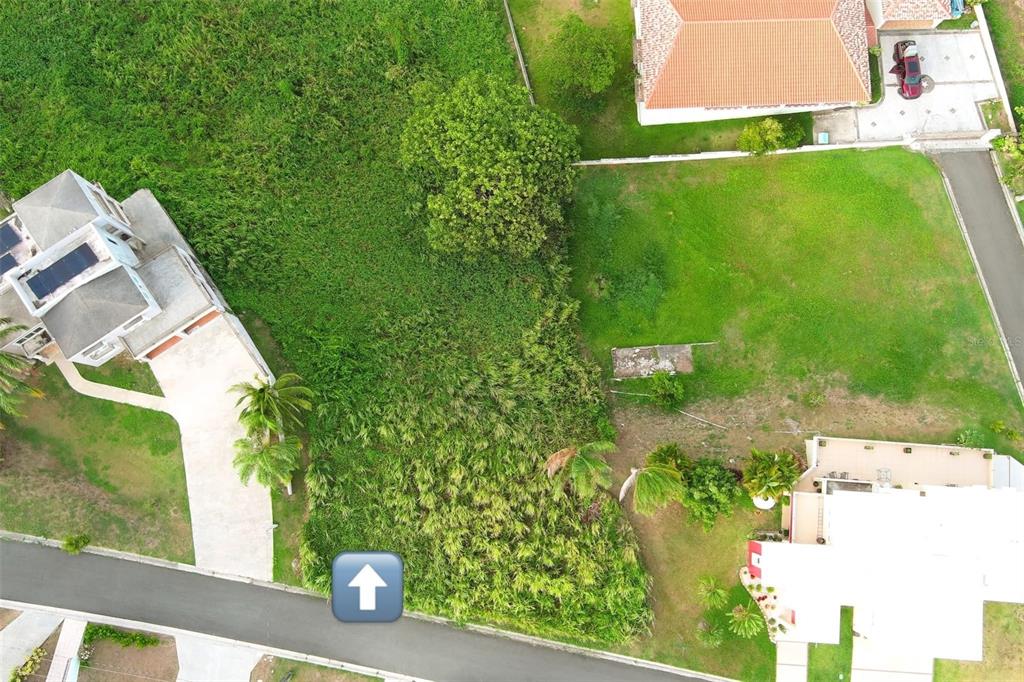 An aerial view shows a vacant, overgrown residential lot situated between two existing houses — ANTON RUIZ, HUMACAO, PR