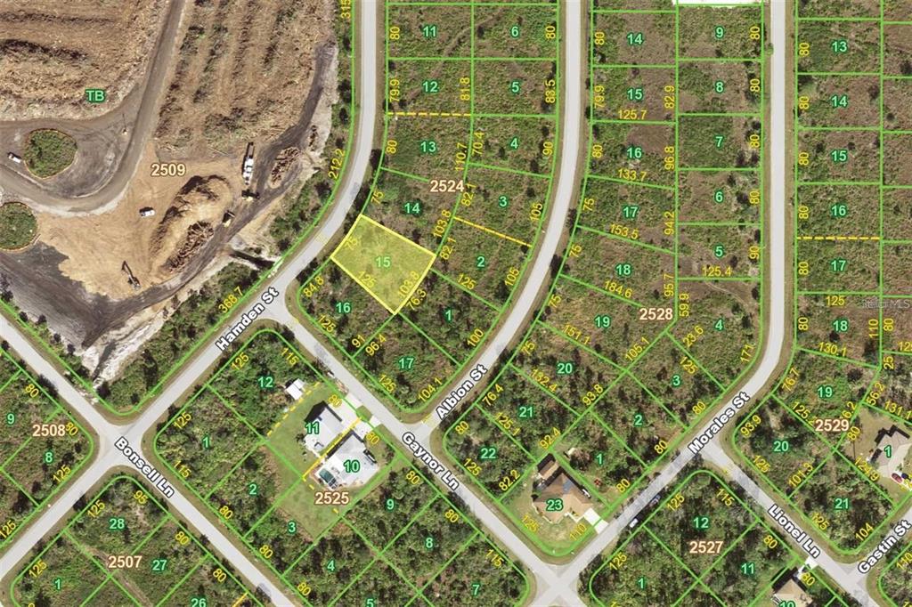 This is a satellite map showing residential lots and street layouts in a neighborhood — 266 HAMDEN STREET, PORT CHARLOTTE, FL