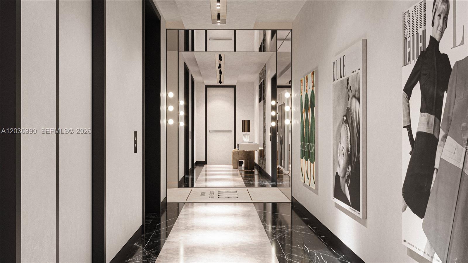 This rendering shows a modern hallway with black marble flooring, mirrored walls, and framed artwork — 3618 NE 5th Ave # 2409, Miami FL 33137, MIAMI, FL