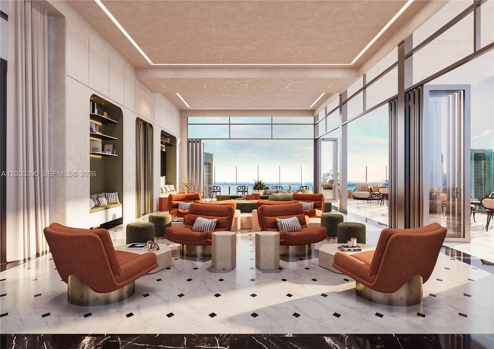 This rendering shows a modern lounge with orange armchairs, marble floors, and floor-to-ceiling windows — 3618 NE 5th Ave # 2409, Miami FL 33137, MIAMI, FL