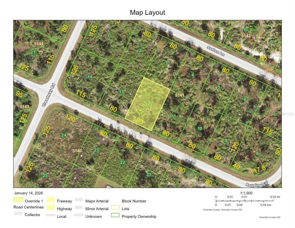 This is a map showing a highlighted parcel of land and surrounding lots — 13250 ROUDING CIRCLE, PORT CHARLOTTE, FL