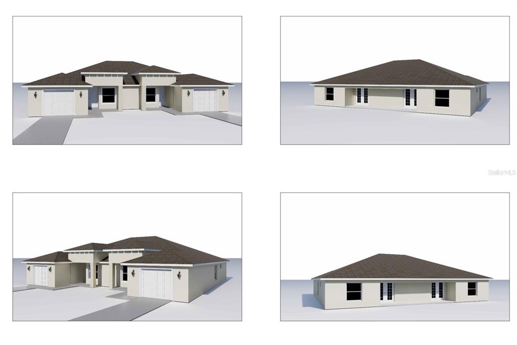 A digital rendering showing four exterior views of a single-story house with two garages — 9305 ANITA AVENUE, ENGLEWOOD, FL