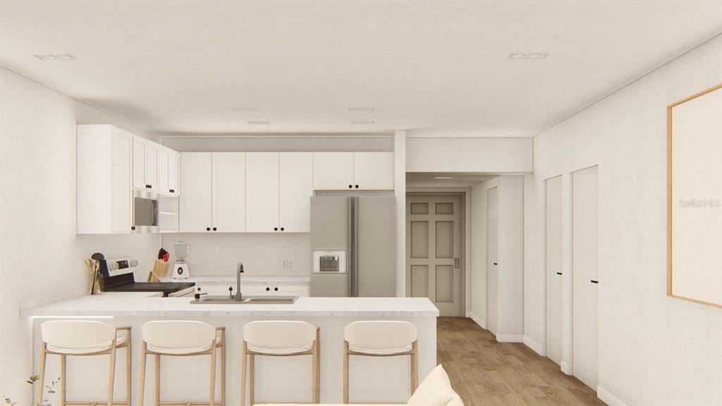This is a rendering of a modern kitchen featuring white cabinetry, stainless appliances, and bar seating — 9305 ANITA AVENUE, ENGLEWOOD, FL