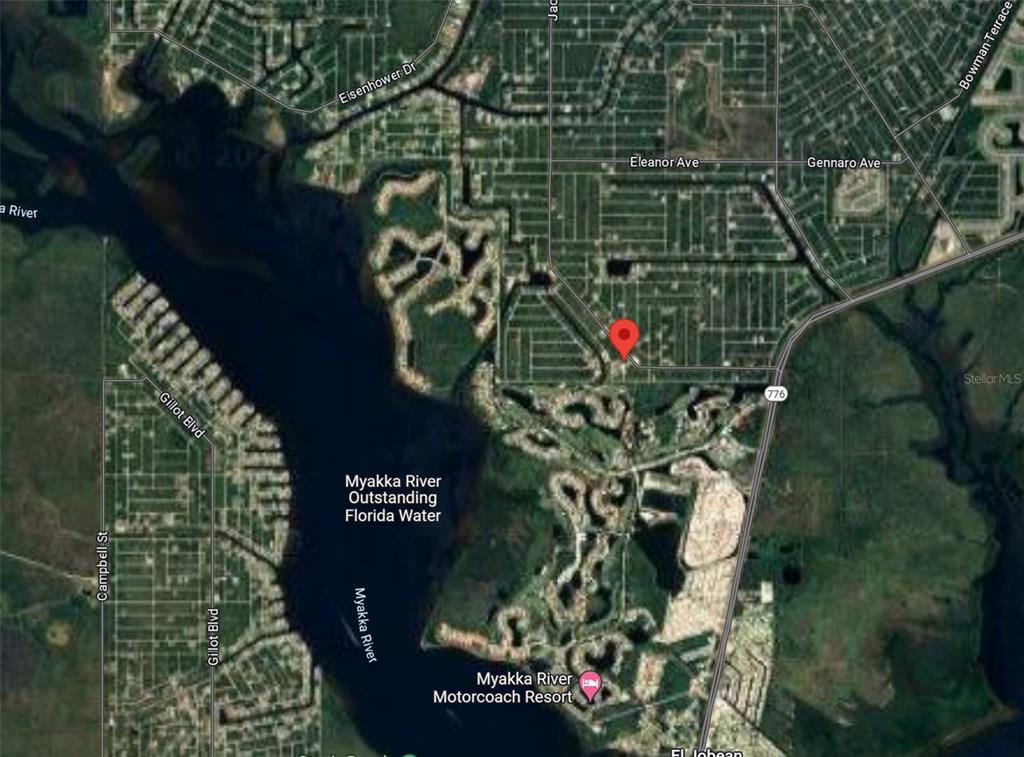 This is a satellite map view showing a residential area near the Myakka River — 2521 & 2529 JACOBS STREET, PORT CHARLOTTE, FL