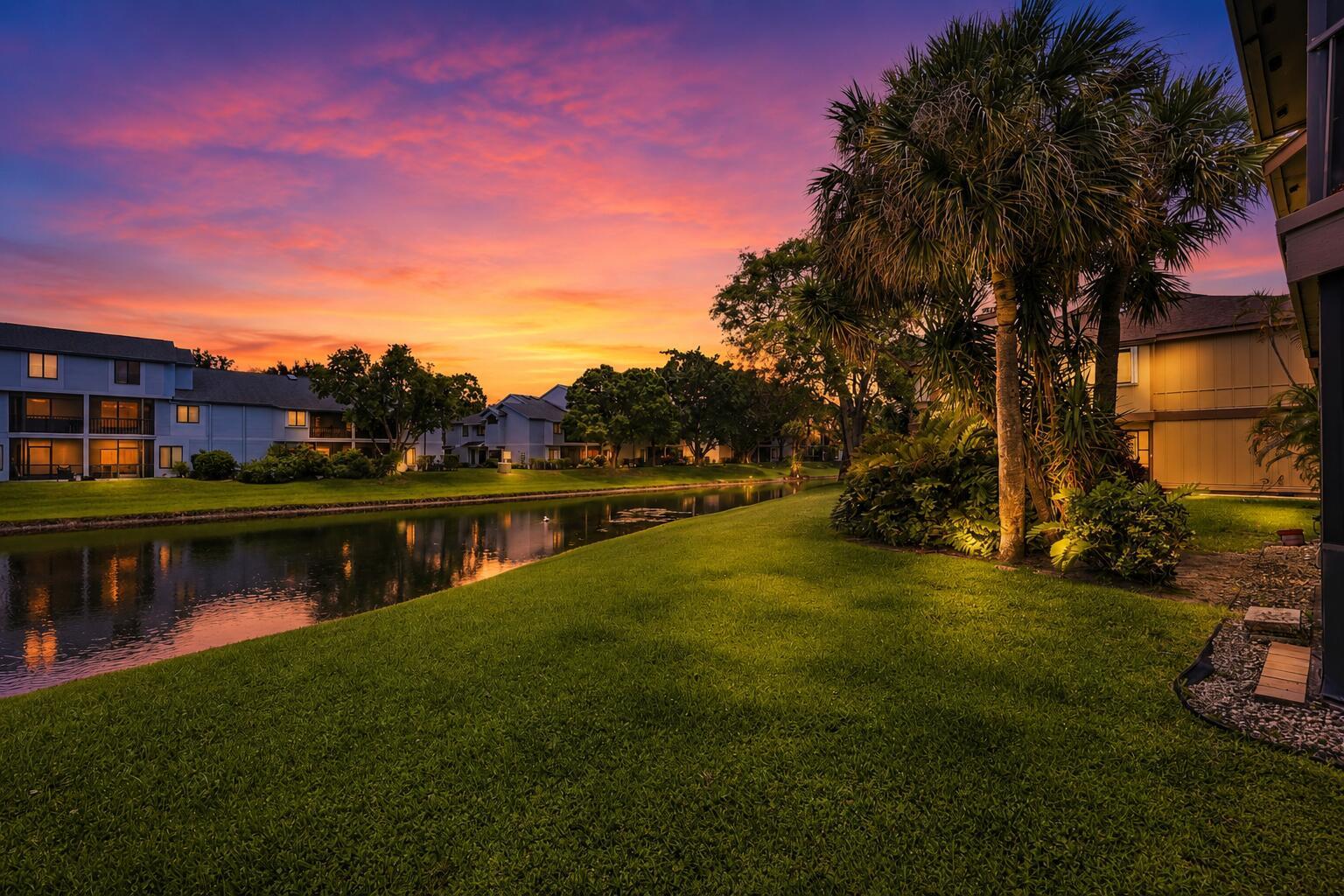 A canal flows past apartment buildings and a grassy lawn under a vibrant sunset sky — 600 Crosswinds # E1, FL 33413, FL