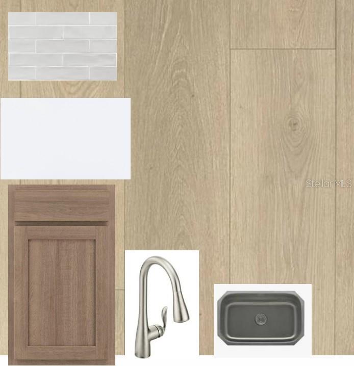 This is a digital design board showing kitchen finishes including wood-look flooring, cabinets, and fixtures — 2778 SOLETA VIEW, ODESSA, FL