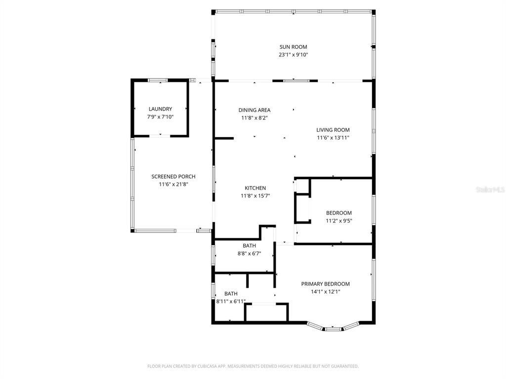 This is a floor plan showing a home with two bedrooms, two bathrooms, and a sunroom — 2100 KINGS HIGHWAY UNIT 497, PORT CHARLOTTE, FL