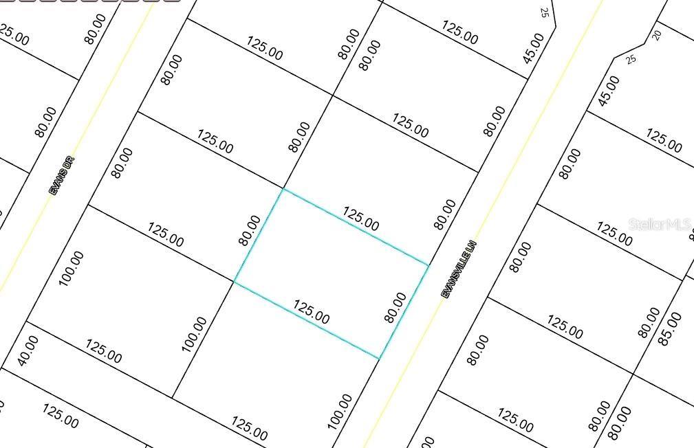 This is a plat map showing property lot lines and dimensions for a residential area — 28 EVANSVILLE LANE, PALM COAST, FL