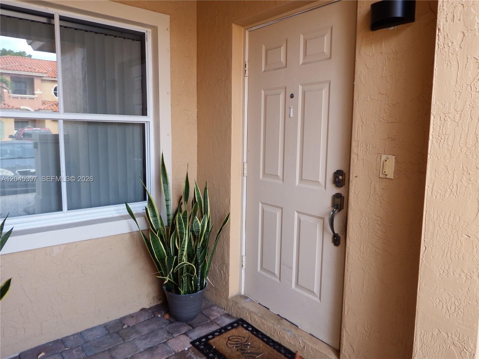 A beige front door with a potted snake plant sits beside a window — 4943 Leeward Ln # 3204, Dania Beach FL 33312, DANIA BEACH, FL