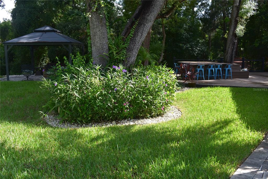 A backyard features a gazebo, a large tree, a garden bed, and a patio area — 1653 SUNNYBROOK LANE, CLEARWATER, FL
