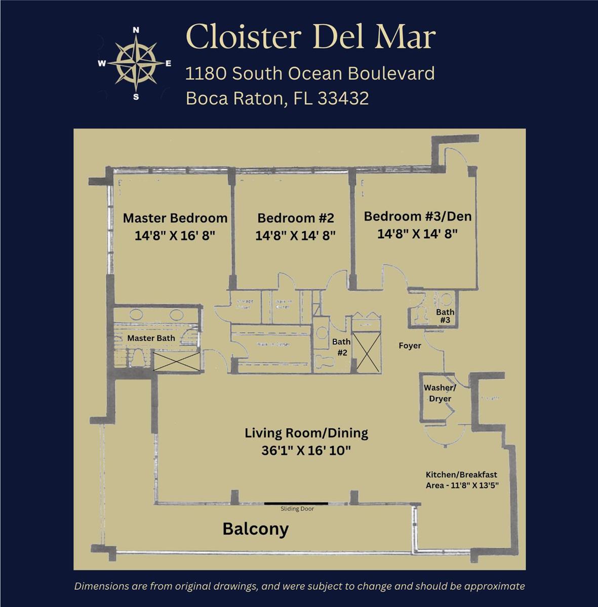 This floor plan shows a three-bedroom, three-bathroom apartment layout with a balcony and living area — 1180 S Ocean Boulevard # 3f, Boca Raton FL 33432, BOCA RATON, FL