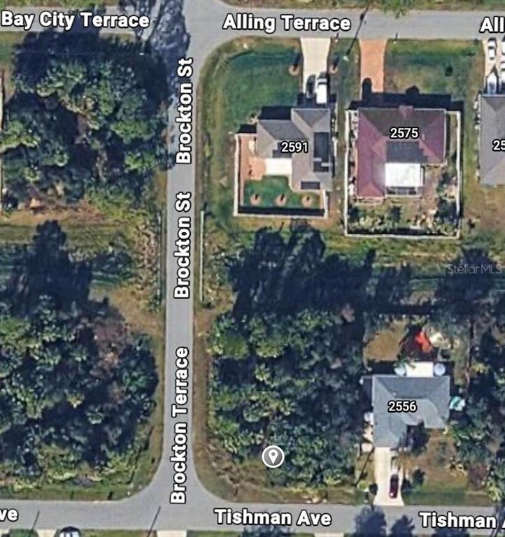 This is an aerial map view showing residential properties along a street intersection — 0 TISHMAN AVENUE, NORTH PORT, FL