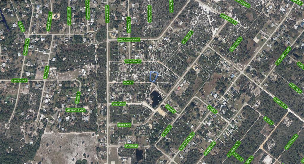 This is an aerial map view of a residential neighborhood with a highlighted property lot — 1018 FLAX STREET, LAKE PLACID, FL