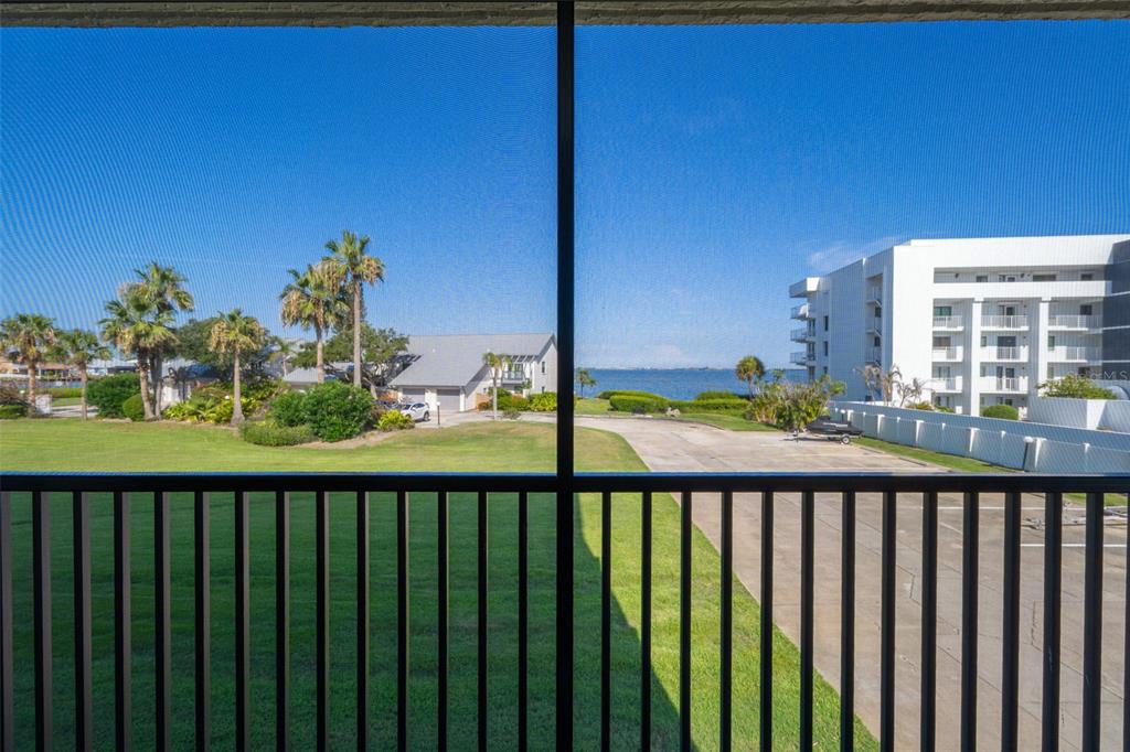 A view from a screened balcony overlooking a grassy lawn, palm trees, and the water — 3165 N ATLANTIC AVENUE UNIT B209, COCOA BEACH, FL