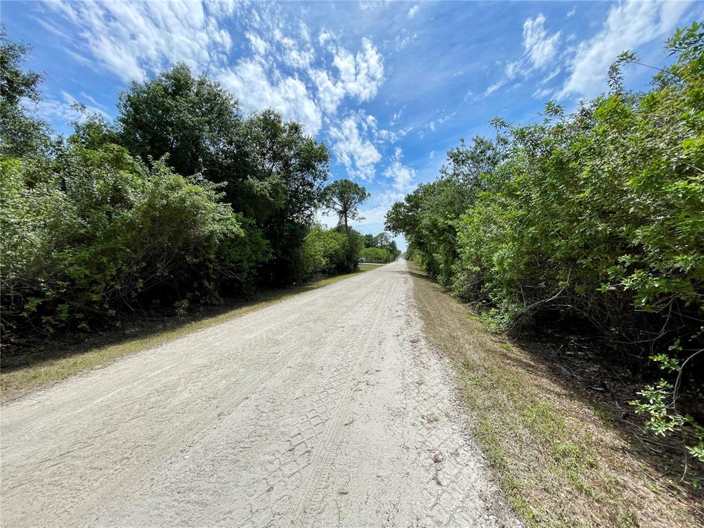 A dirt road stretches between dense green trees under a bright blue sky — 27209 HACIENDA DRIVE, PUNTA GORDA, FL