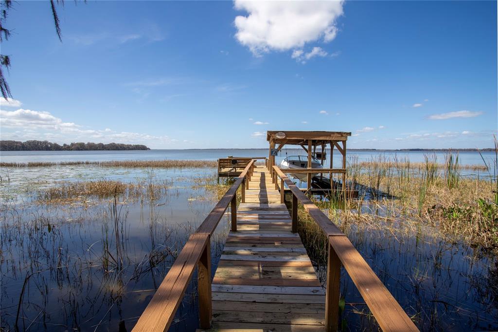 A wooden dock with a boat lift extends into a lake surrounded by marshy vegetation — 31035 COVE ROAD, TAVARES, FL